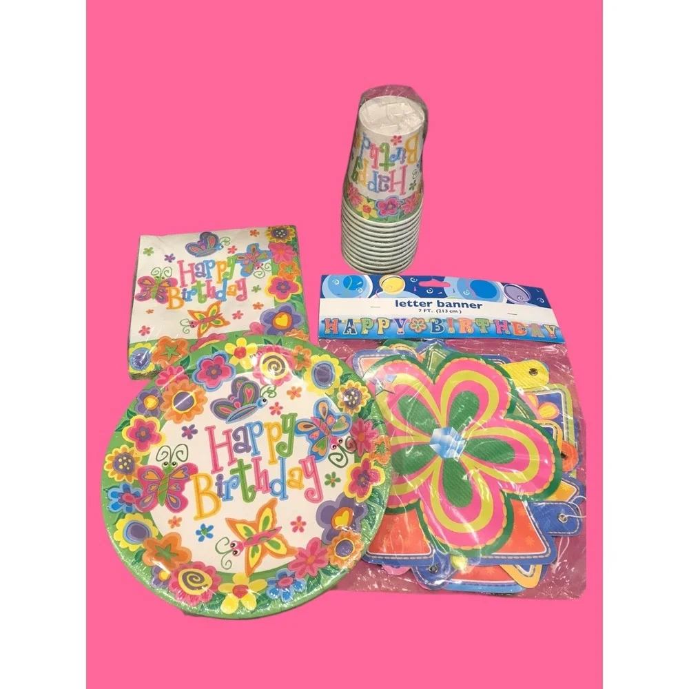 51 Pc Butterfly Birthday‎ Flower Party Plates Napkins Cups 7 ft Banner Tableware